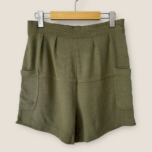 New in Olive Green Linen Blend Shorts